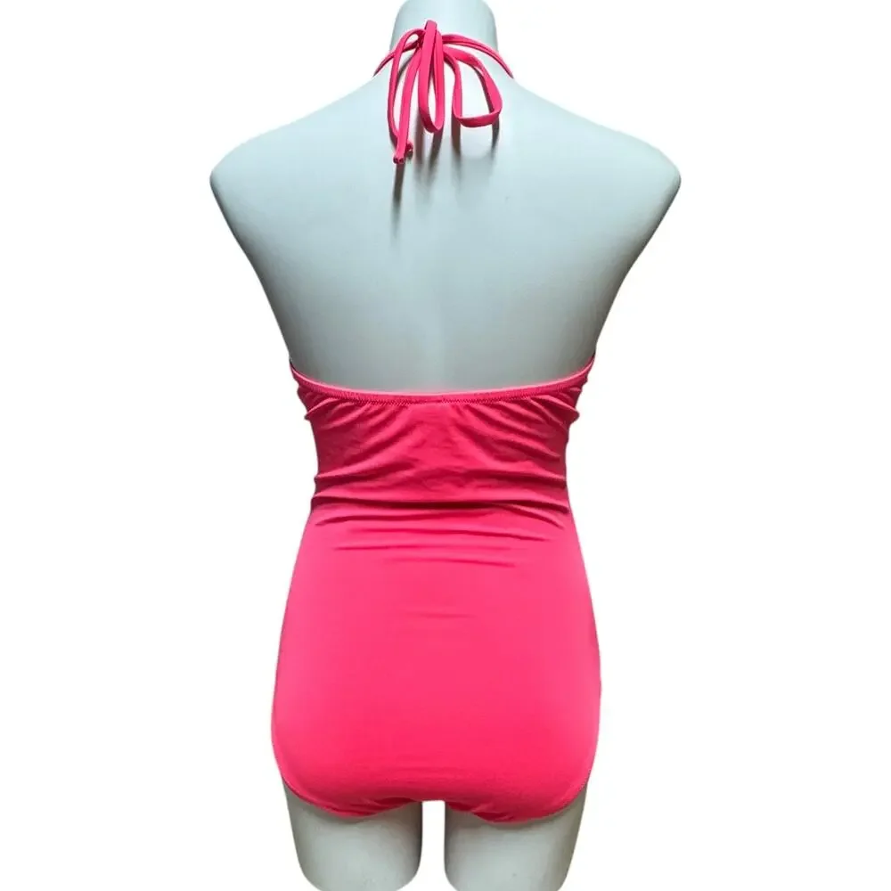 J.Crew Ruched One Piece Halter Swimsuit Hot Pink 8